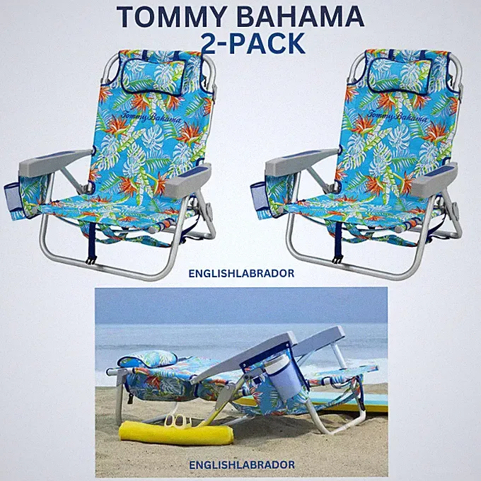 2-Pack Tommy Bahama Beach Chair Lay Flat, Reclining, Adjustable, Floral, NEW