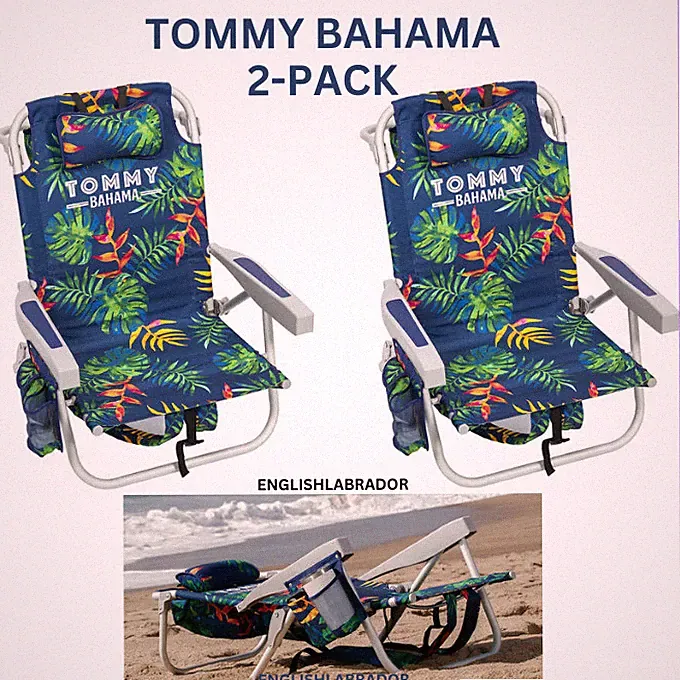 2-Pack Tommy Bahama Beach Chair Lay Flat Reclining, Adjustable, Green Leaves NEW