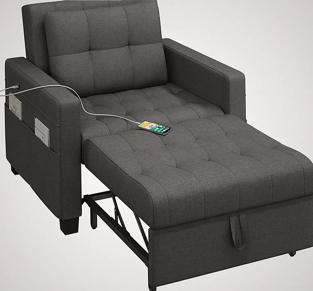 3-in-1 Convertible Chair Bed with USB Ports for Small Spaces, Dark Gray