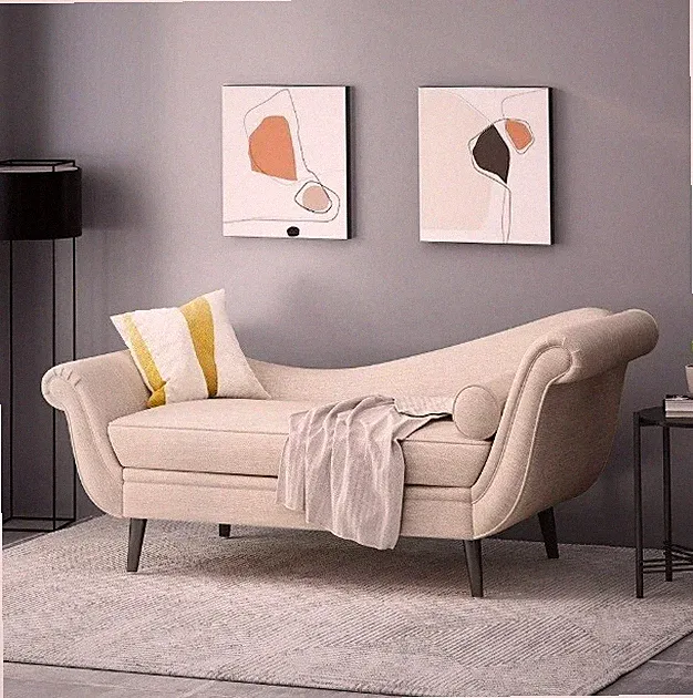 Beige Chaise Sofa Lounge Chair Couch Modern Scroll Velvet Furniture Living Glam