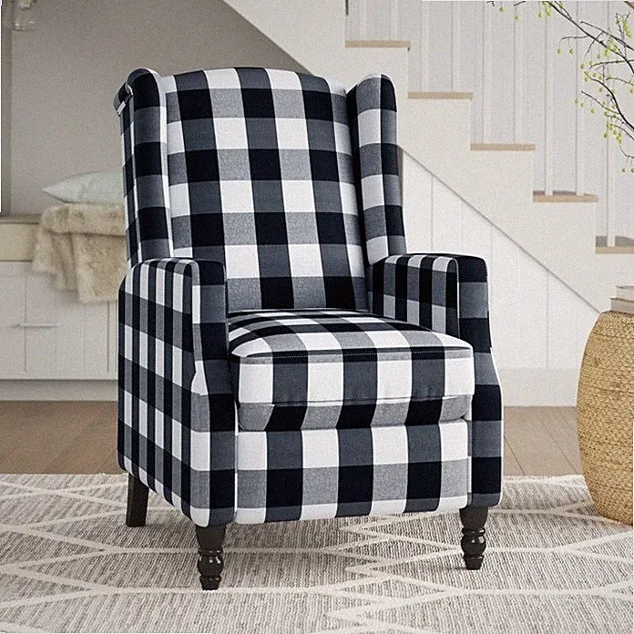Black Plaid Recliner Manual Pushback Accent Wingback Armchair Recliners Chair