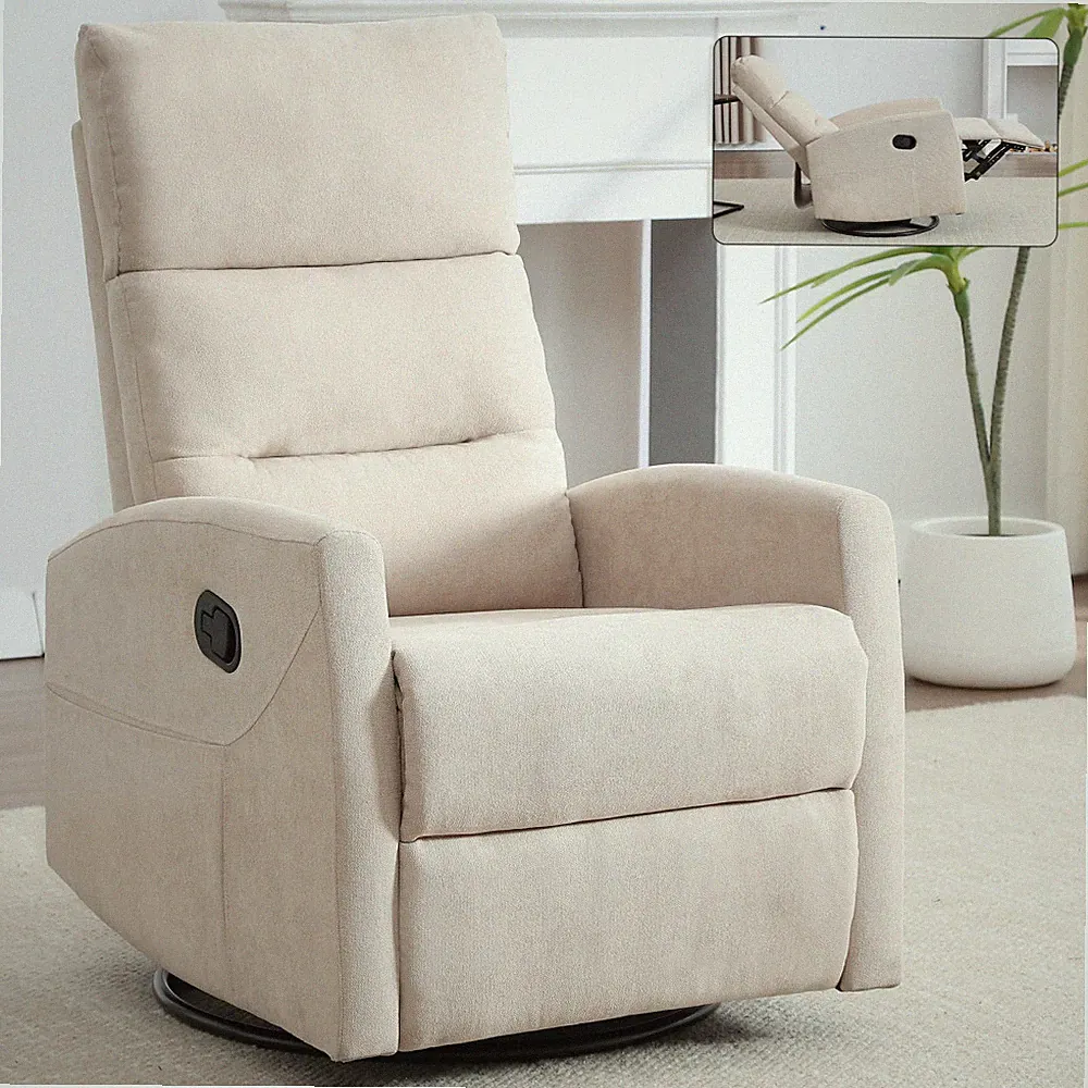 Manual Recliner Chair with Rocker & Swivel - Beige Fabric Living Room Chair