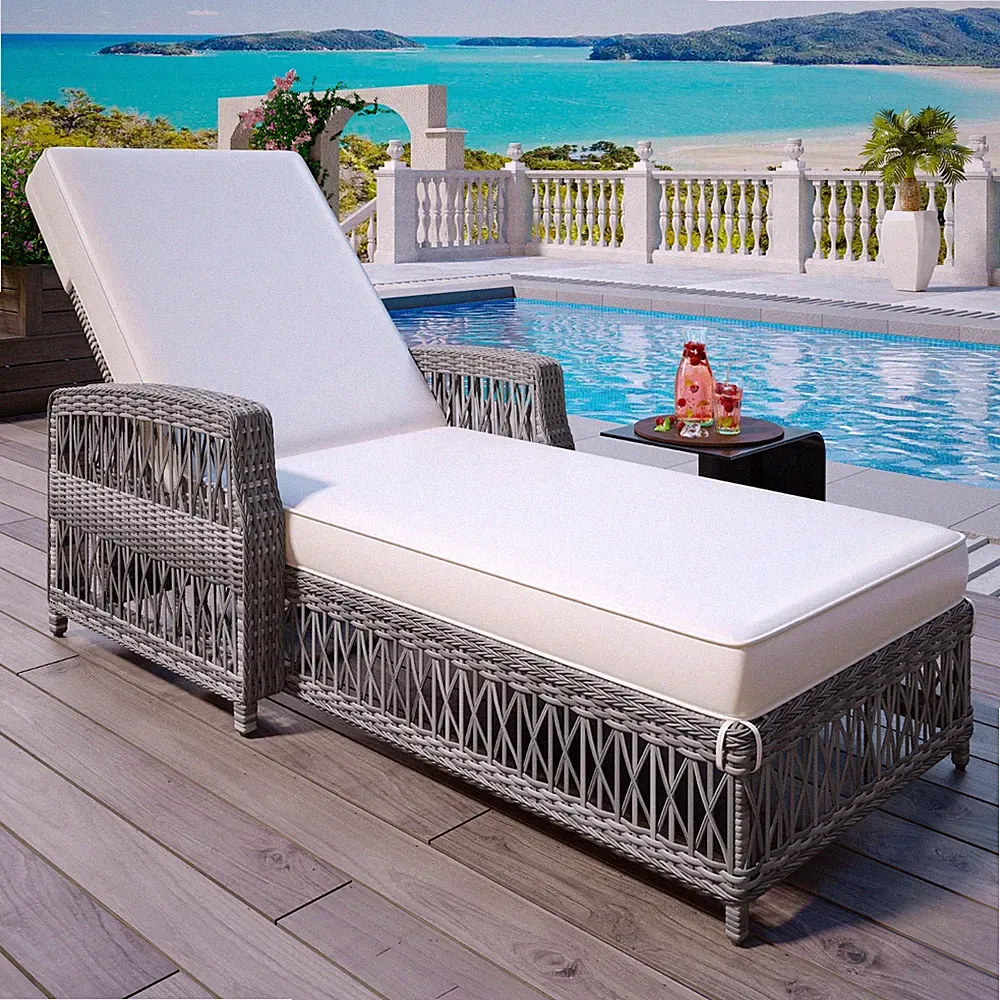 Outdoor Long Reclining Chaise,Wicker Lounge w/Armrests Patio Adjustable Recliner