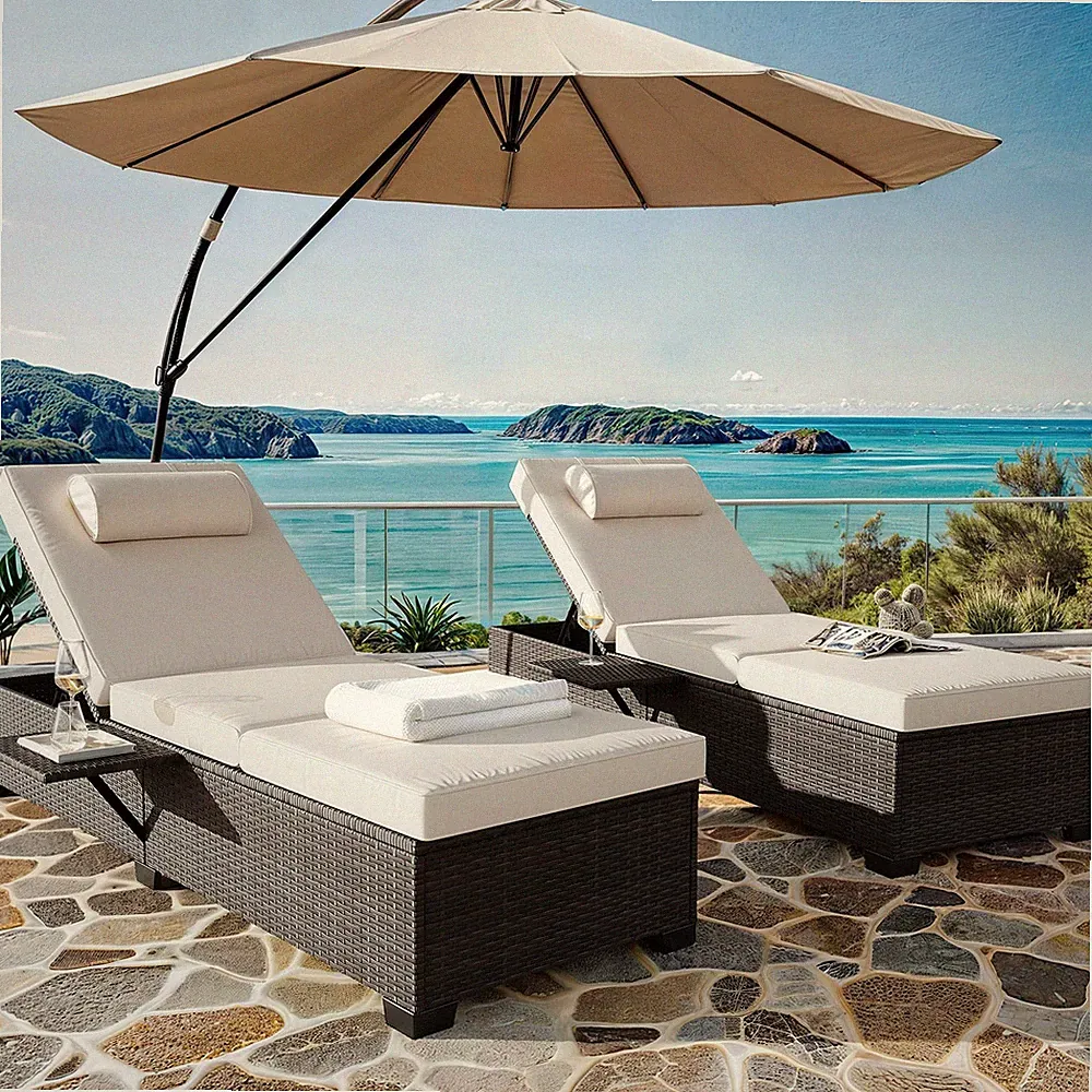 Outdoor PE Wicker Chaise Lounge Set of 2,Patio Rattan Wicker Chaise Lounge Chair