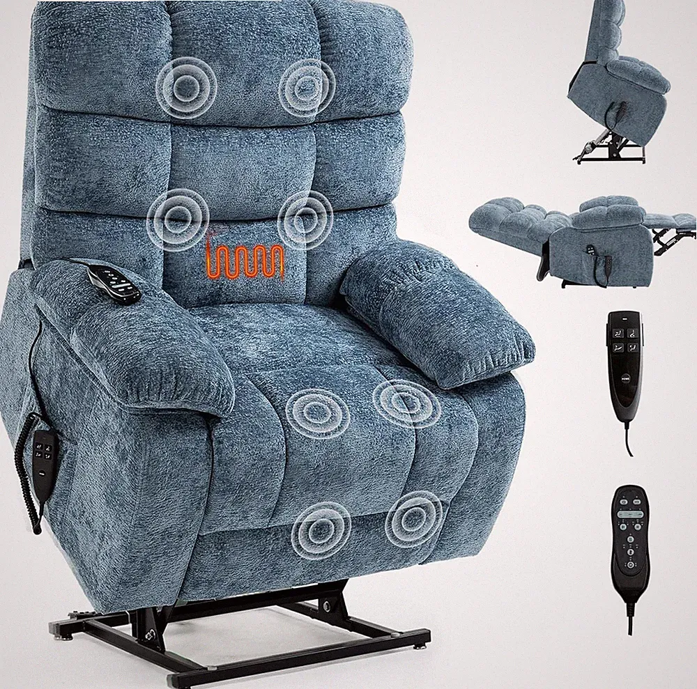 Oversized Power Lift Recliner Chair with Massage & Heat for Elderly, Blue