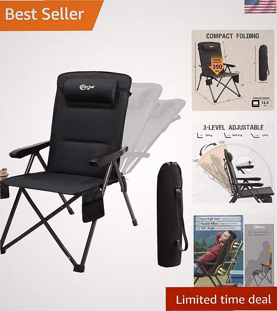 Oversized Reclining Camping Chair with Adjustable Back for 350LBS Capacity